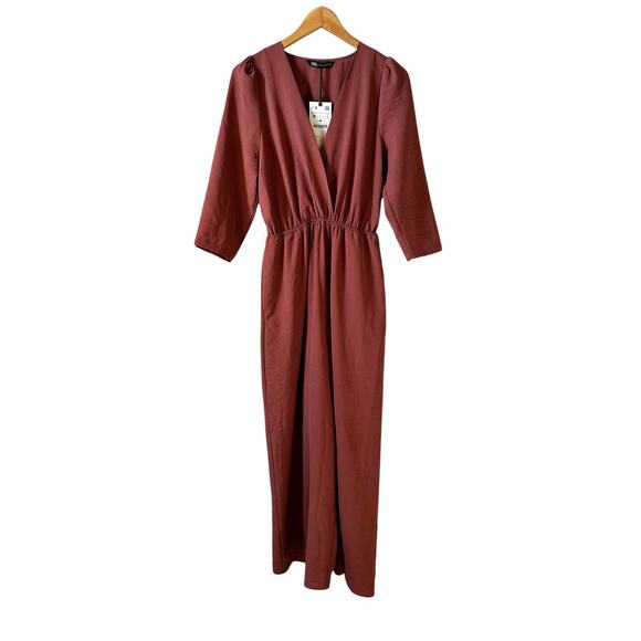 NWT Zara Women’s Half Sleeve Surplice Neck Wide Leg Jumpsuit Terracotta Size M - Picture 2 of 11